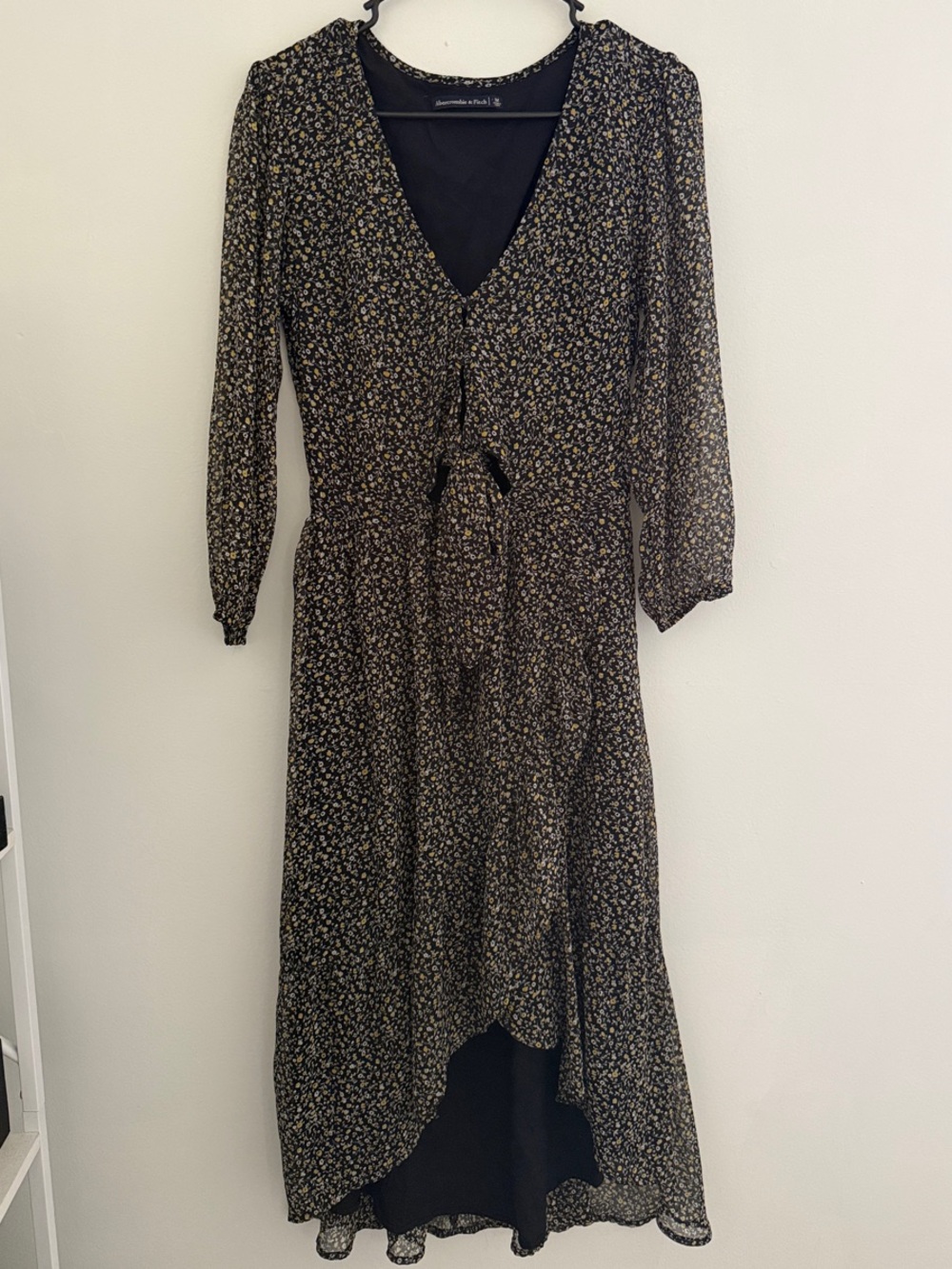 Abercrombie & Fitch Black Floral High-Low Tie-Waist Dress